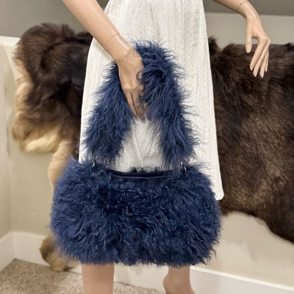 Navy Handmade Real Curly Shearling  Removable Strap Bag/Shoulder Bag/Crossbody - Picture 5 of 17